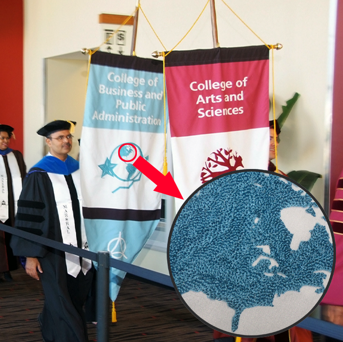 a banner that says college of business and public administration and another banner for arts and sciences